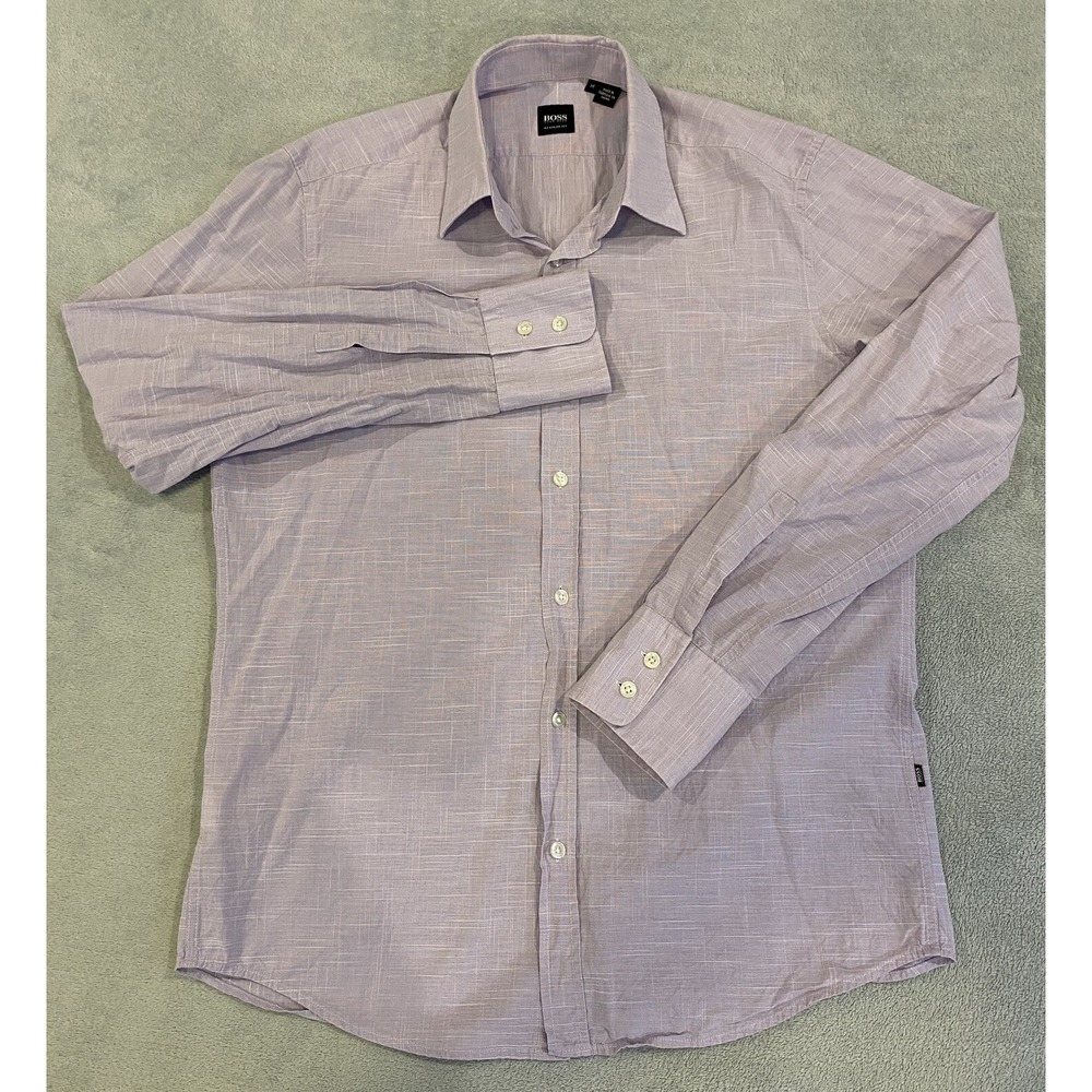 Hugo Boss Mens Dress Shirt Purple Cotton Check Regular Button Up Long Sleeve M